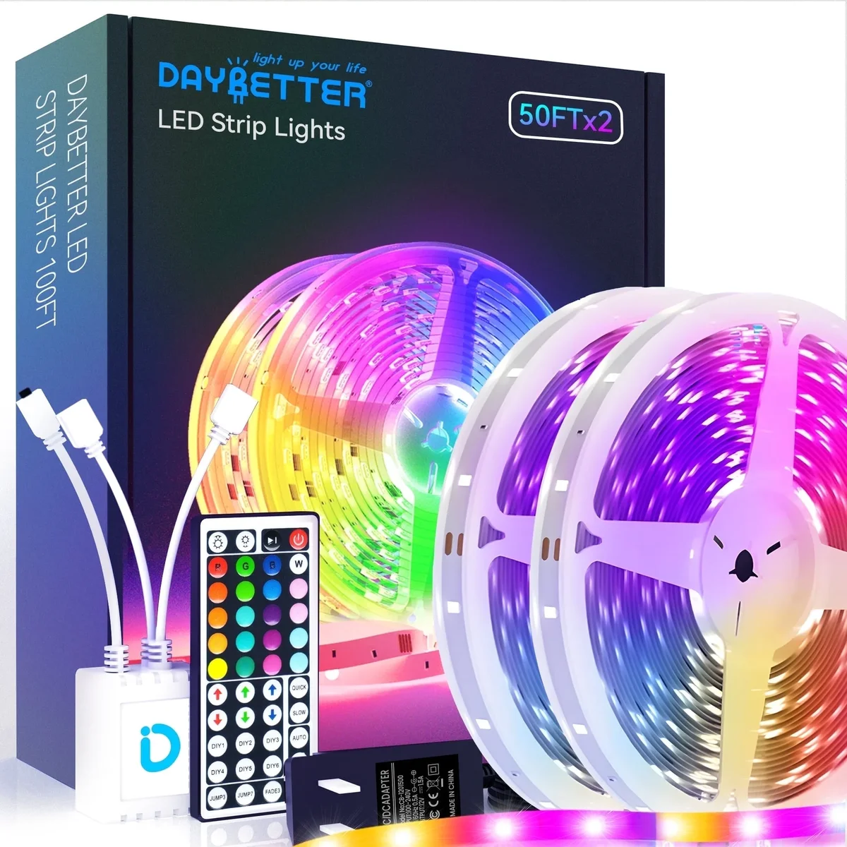 DAYBETTER 100ft Led Strip Lights,Remote Controller and 12V Power Supply,Flexible Cuttable Led Lights for Bedroom 8123