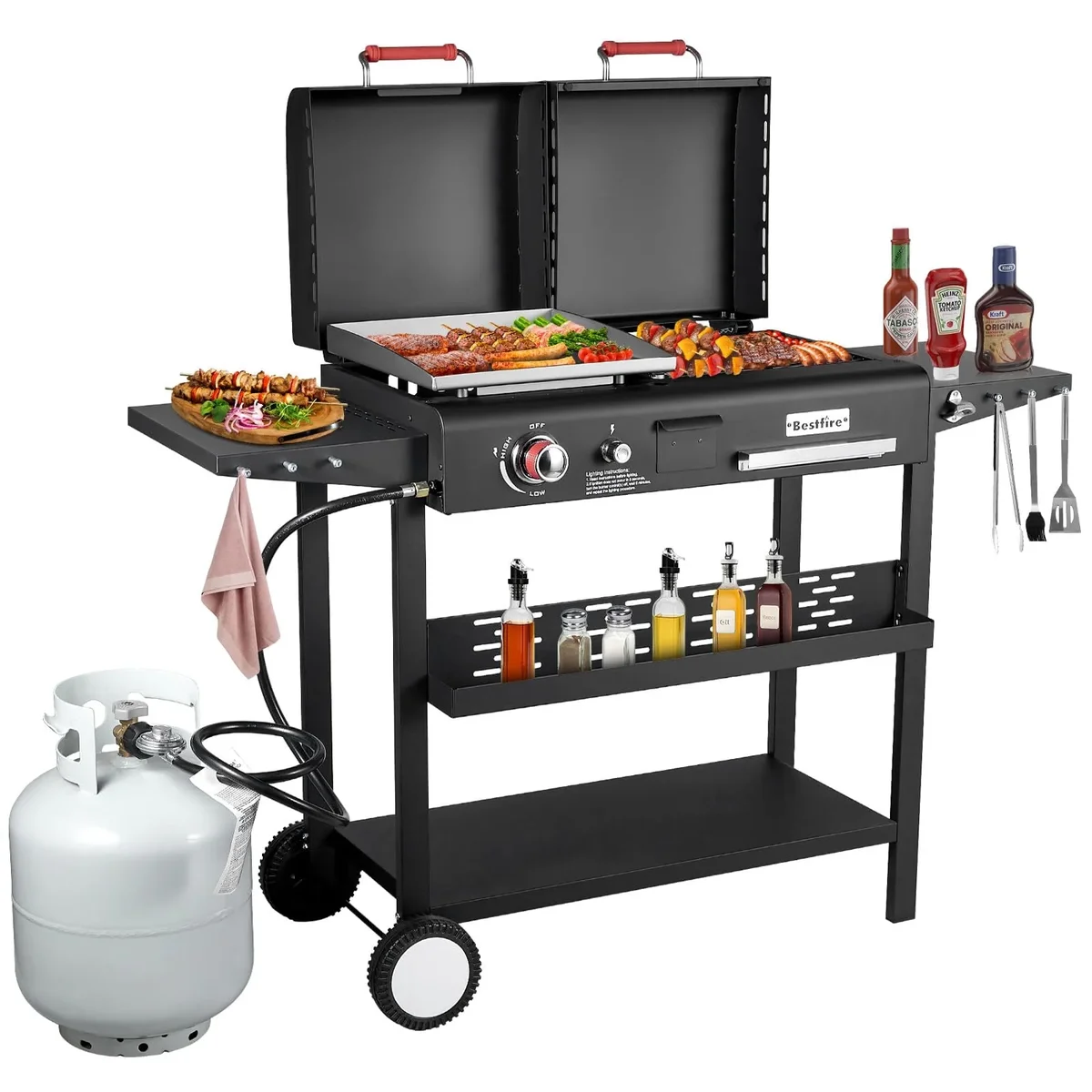 Bestfire Double Fuel Propane Gas Charcoal Grill Combo Black Dual Lids, 2 Side Shelves for Outdoor and Backyard Cooking 5632