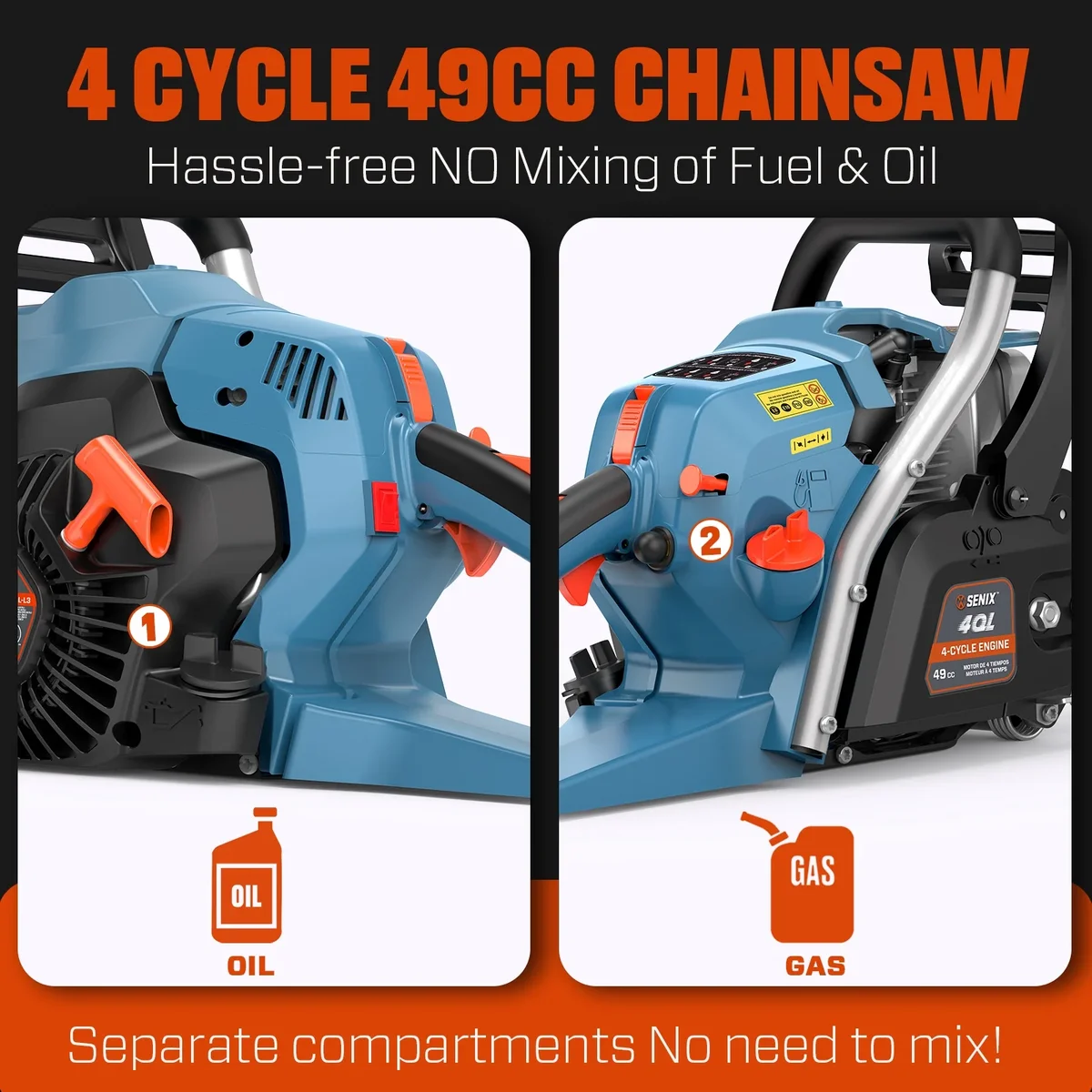 Senix 49cc 4-Cycle Gas Chainsaw, 18-Inch Oregon Bar and Chain, Trimming Branches Engine 7531
