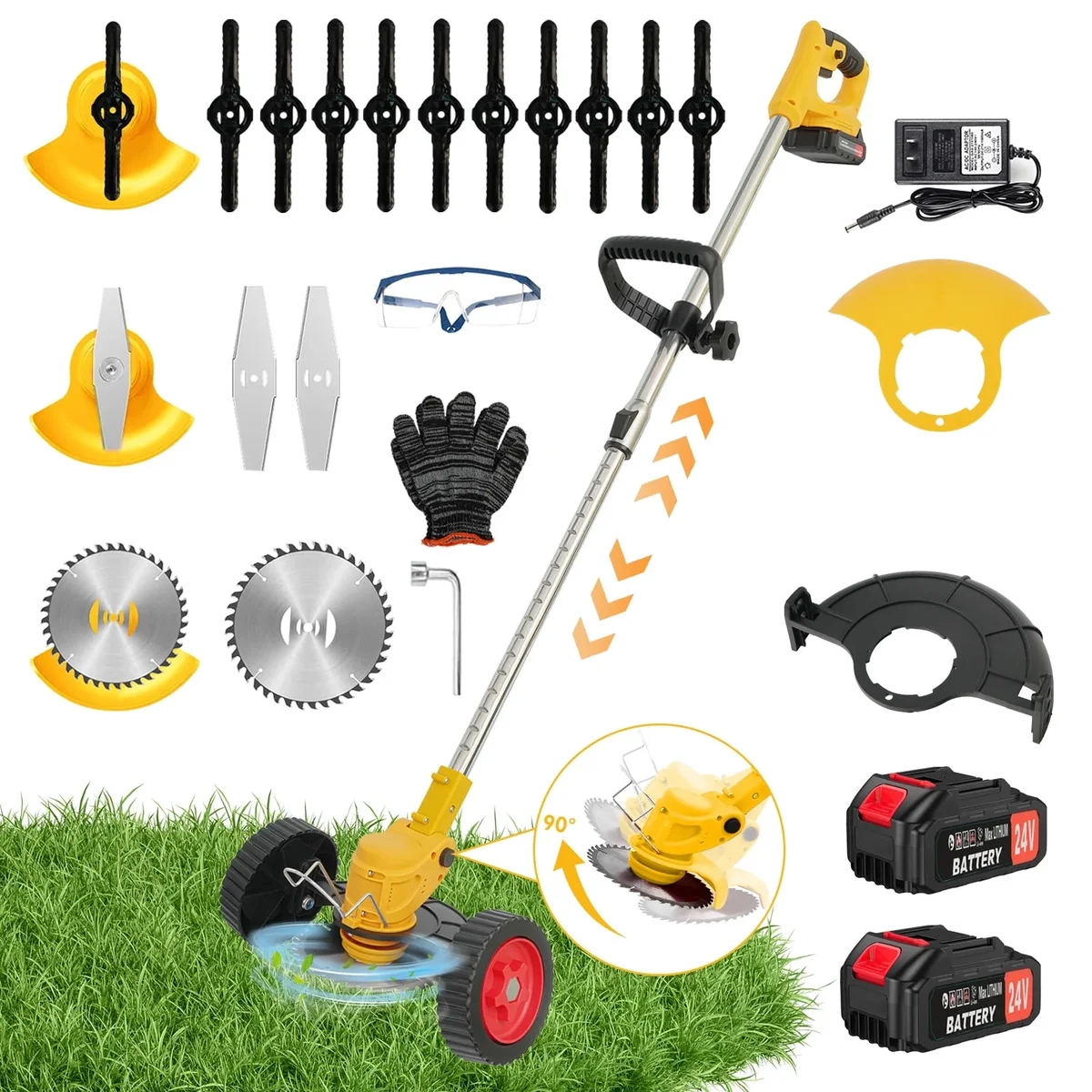 CATGOOD 24V Weed Wacker Cordless,3-in-1 Weed Eater with Wheels,3 Types Blades,2*2.0Ah Batteries & Fast Charger,Grass Trimmer for Garden,Yard,Lawn,Patio 6580