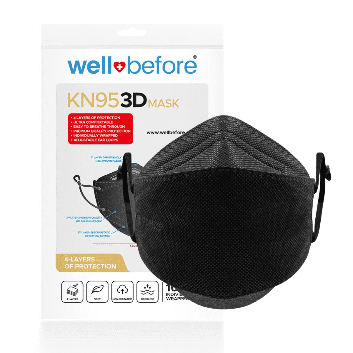 Well Before Wellbefore KN95 Respirator Masks, Black, Medium, 4-Ply, Adjustable, 10-Pack, Individually Wrapped 8239