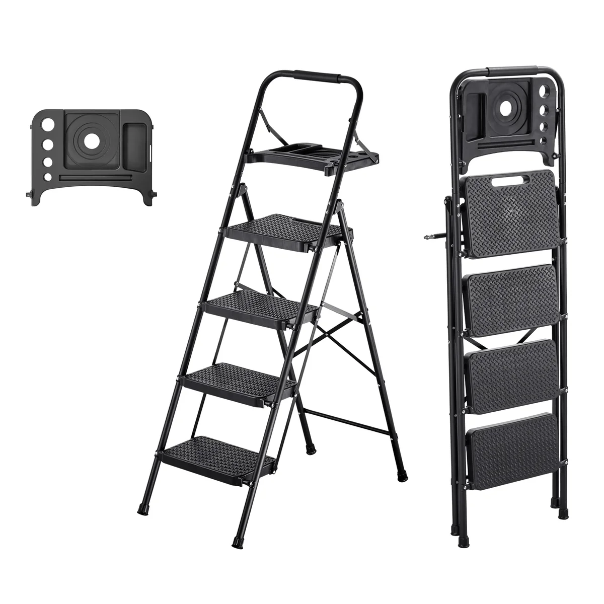 KFFKFF 4-Step Folding Ladder with Wide Non-Slip Pedals, Tool Tray, Comfortable Handgrip, 600 lbs Load Capacity, Durable Steel Design for Versatil 0686