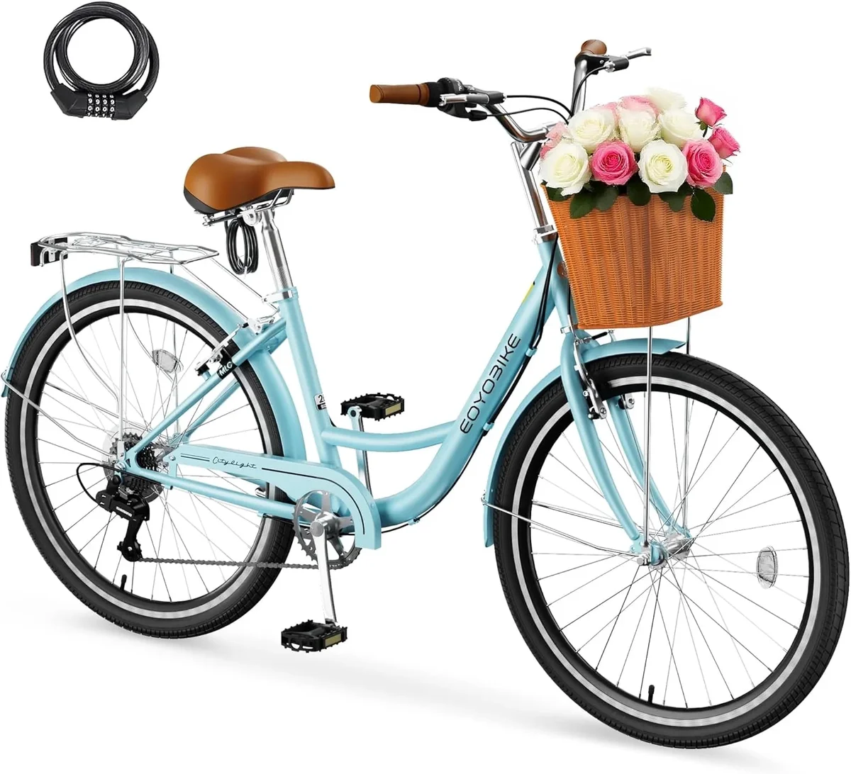 MOPHOTO 24'' Wheels Cruiser Bikes Bicycles for Adults, 7 Speed Bike with Basket for Women Men 6930
