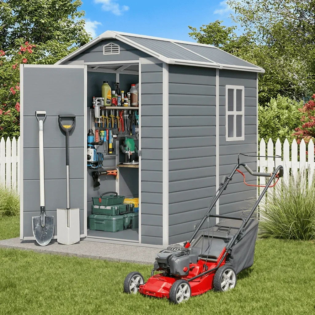 Asofer 6x4ft Resin Plastic Outdoor Storage Shed with Floor, Side Window & Lockable Door for Backyard Garden Patio, Gray 2172