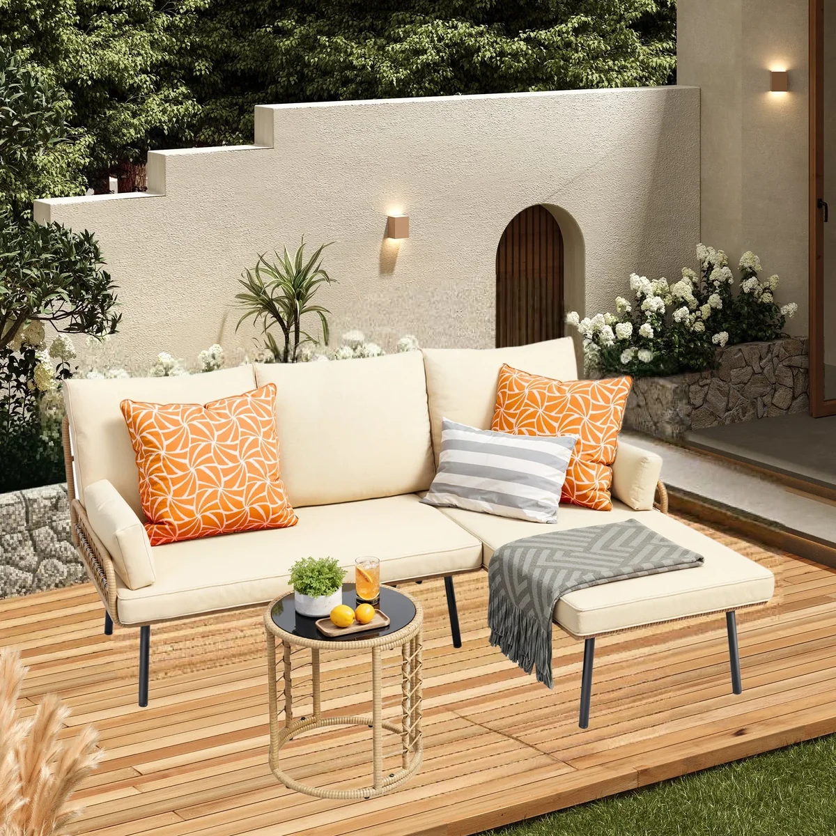 Asofer Outdoor Patio Furniture Set, Asofer Wicker Rattan L-Shaped Conversation Sectional Sofa Set with Thick Cushions & Table, Beige 3355