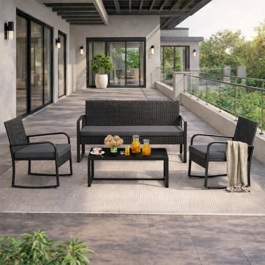 Aiho All-Weather Handwoven steel 4-Piece Patio Set Including Chairs and Coffee Table for Outdoor Leisure Space Dark Grey 2780