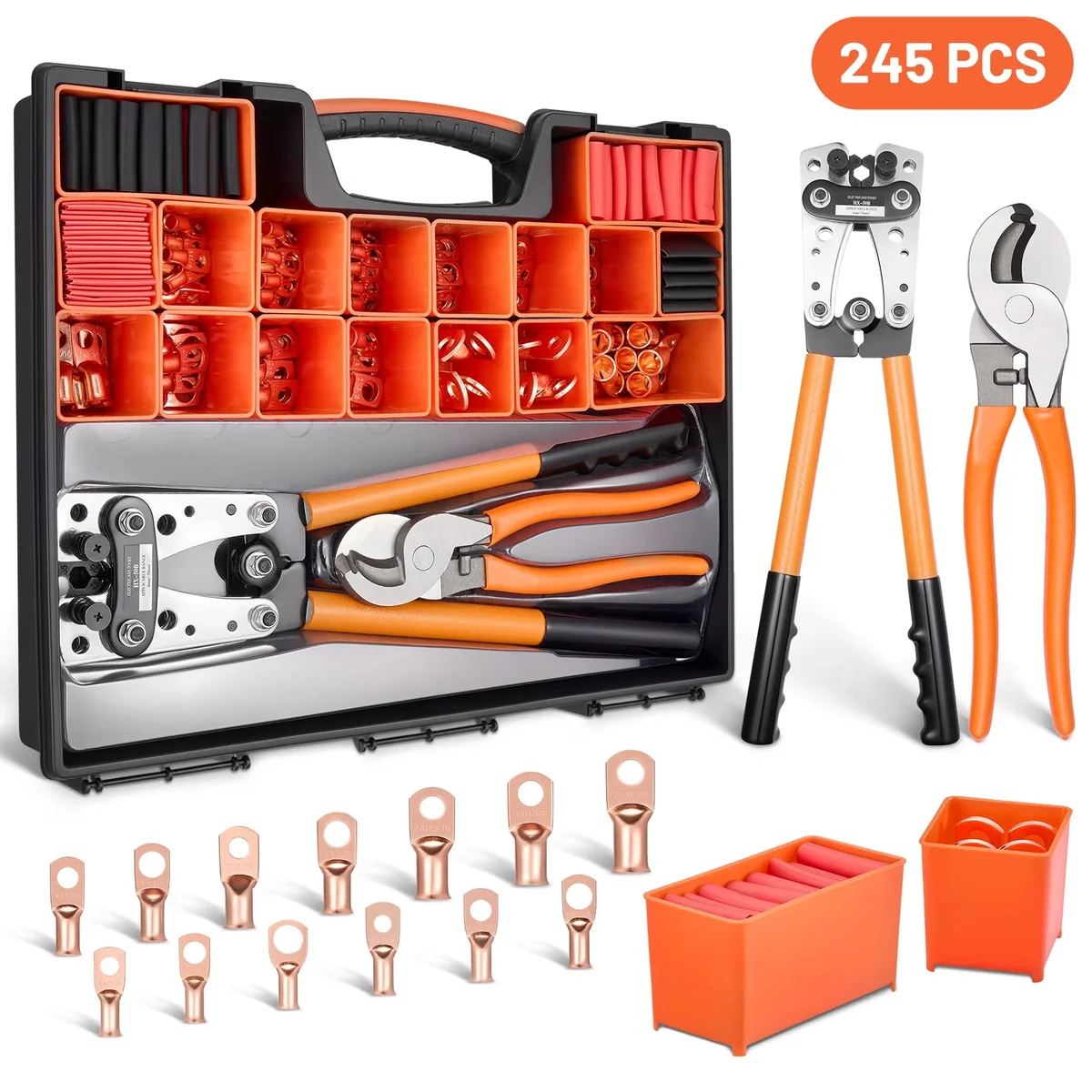 Filluck 245PCS Battery Cable Crimping Tool Kit, Copper Wire Lug AWG 1 2 4 6 8 1/0 Gauge, Wire Crimper for AWG 10-1/0 with Cable Cutter, Battery T 3193