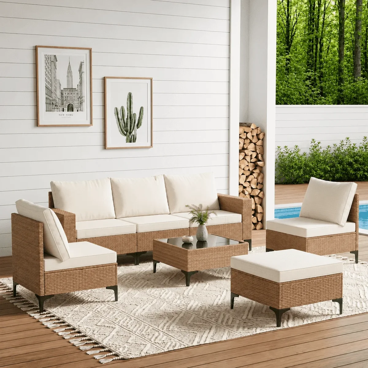LAZZO 7-Piece Outdoor Conversation Set, Wicker Patio Furniture with Cushions and Coffee Table, Beige 0203