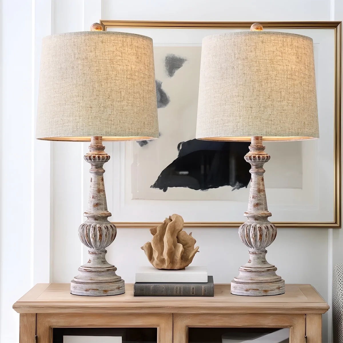 Oneach Rustic Table Lamp Set of 2 for Bedroom Living Room 24.5" Farmhouse Resin Bedside Nightstands Lamps with Linen Drum Shade 9743