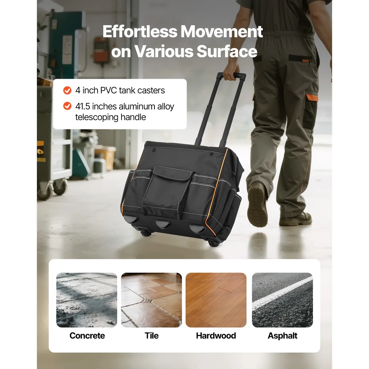 KFFKFF Rolling Tool Bag with Wheels, 110 lbs Capacity, 25 Pockets Durable Tool Organizer with Telescoping Handle & Sturdy Base for Electricians a 8385