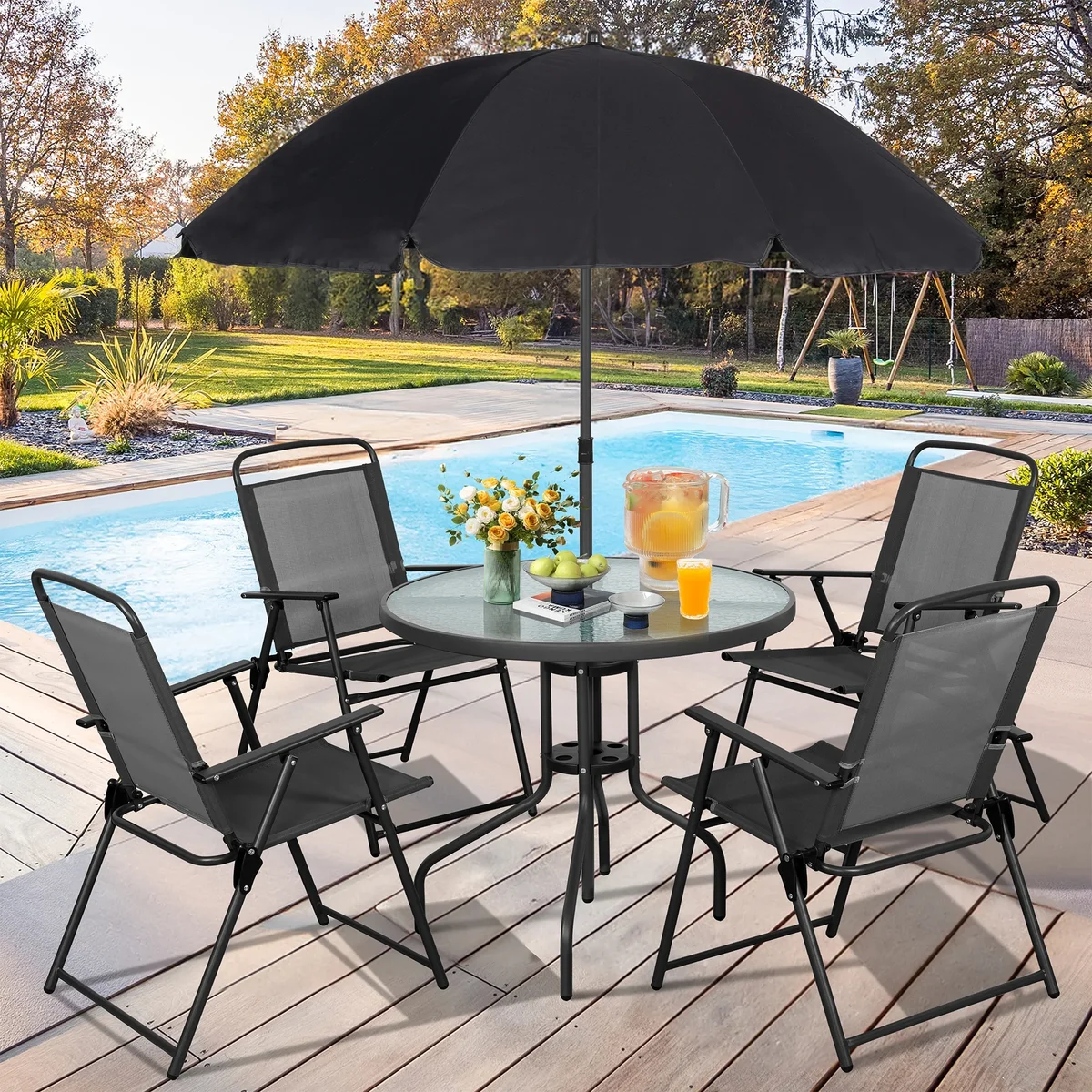Walsunny 6 Piece Patio Furniture Set with Umbrella, Outdoor Patio Dining Set with 4 Folding Chairs and Tempered Glass Dining Table, Black 2173