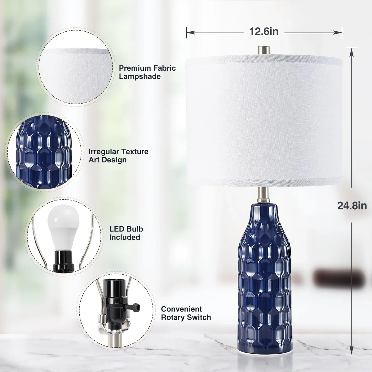 Everdaily Essentials 24.8" Ceramic Table Lamps Set of 2 for Nightstand - 3 Color Temperature&Bulbs Included, Bedside Lamps for Living Room Bedroom Home Offic 0405