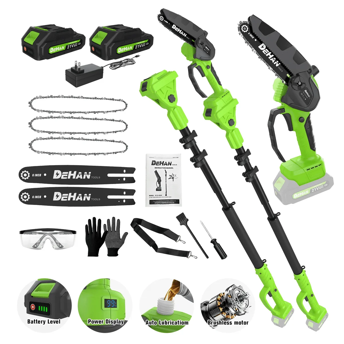 DEHANTOOLS 21V Brushless 2-in-1 Pole Chainsaw, Cordless Electric Pole Saw with Extendable Pole (Up to 15FT), Includes Shoulder Strap & Battery, P 2939