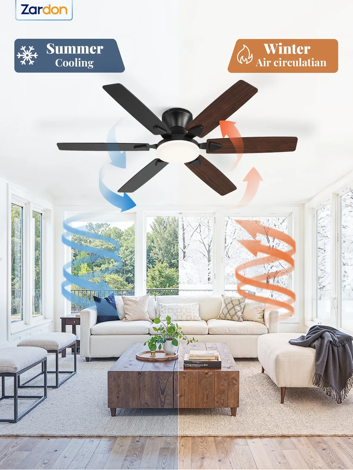 Everdaily Essentials 52in Ceiling Fan with Light, Modern Ceiling Fans with Remote Control and Reversible 6 Speed Reversible for Bedroom, Living Room, Black Ref. 4876