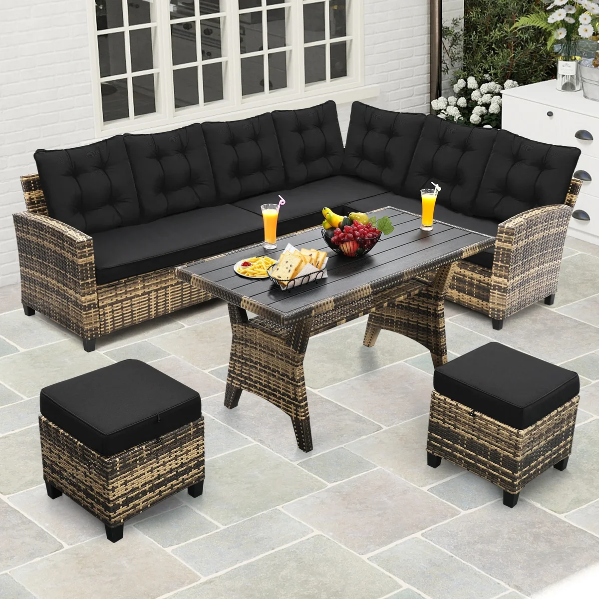 LOGYAT 6 Piece All Weather Outdoor Sectional Set, with 2 Sofas, 2 Ottomans with 1 Table, Patio Conversation Furniture for Deck, Garden, Natural W 1751