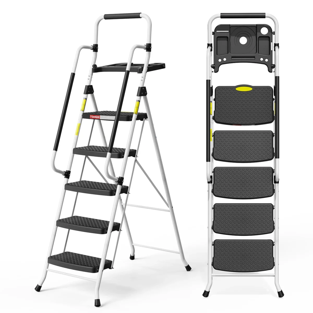 HBTower Folding 5-Step Ladder with Handrails and Tool Tray, Anti-Slip Wide Pedals, Safety Ladder for Adults, White 6367