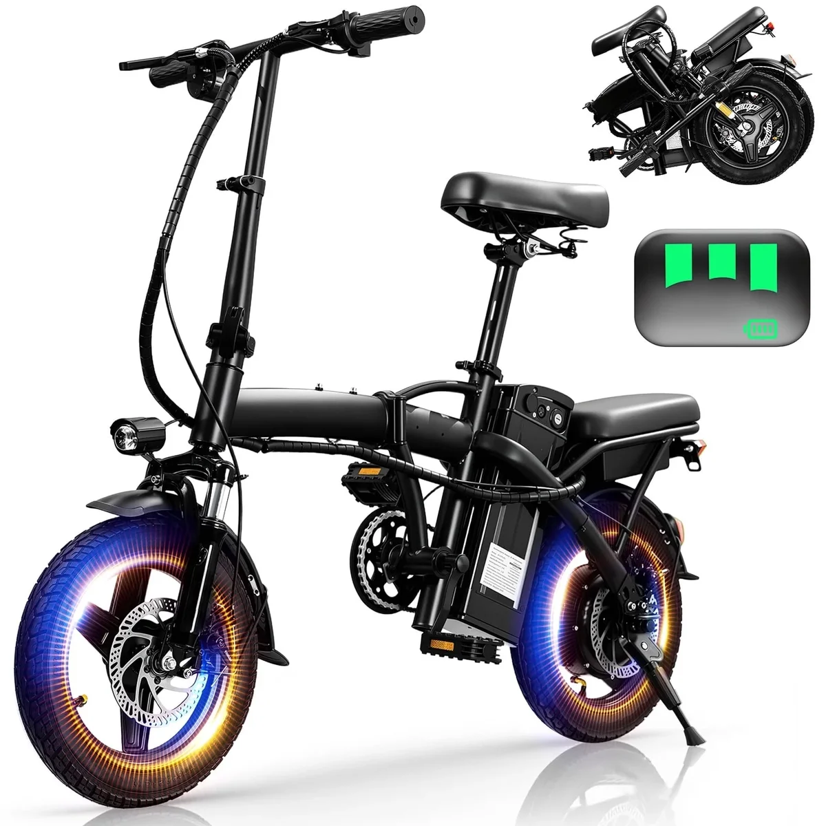 Rexei Yeki 14 Inch Foldable Adult Electric Bicycle, 48V 10Ah 400W Motor, 3-Speed Gearing, Dual Spring Shock Absorbers, Front and Rear Led Safety Lights, Por 2616