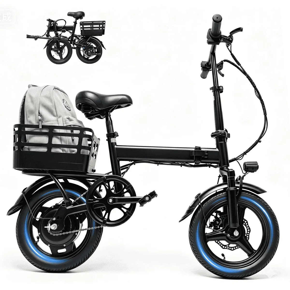 OwnGold 14IN Folding Electric Bicycles for Adults Teens with Basket,500W Peak Motor Up to 20 mph Range 30 Miles,36V 12Ah Removable Battery,Commut 7094