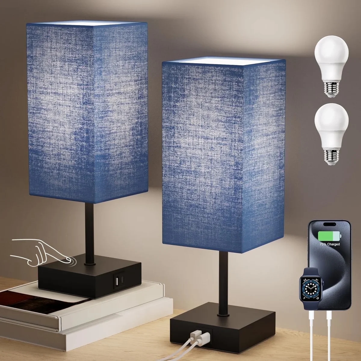 Everdaily Essentials Bedside Table Lamp for Bedroom Set of 2,3 Way Dimmable Touch Lamp with USB C+A Charging Ports, LED Bulbs Included 5821