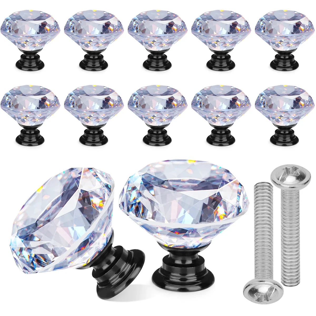 TSV 12pcs Crystal Glass Cabinet Knobs, TSV 1.18'' Clear Diamond Knobs Pull Decorative for Kitchen, Bathroom, Drawer, Dresser 0678