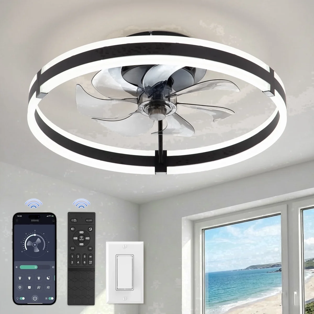 Lokivas 20" Black Modern Ceiling Fan with Light, Flush Mount, Quiet 6 Speeds, Dimmable LED, App and Remote Control for Indoor 8697