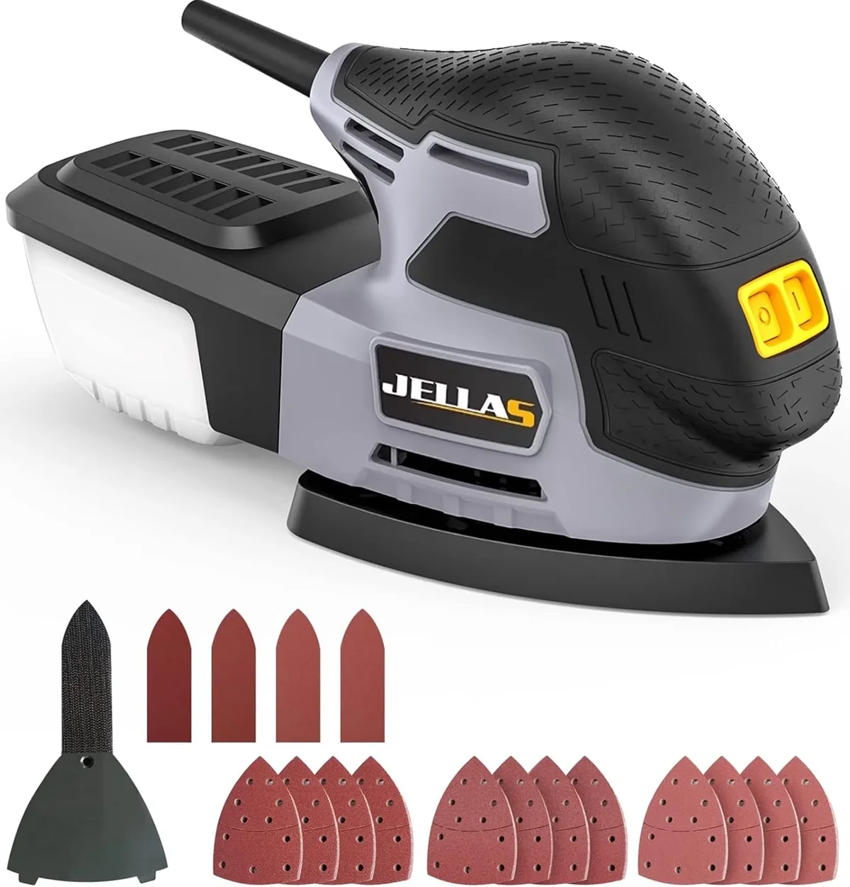 JELLAS Electric Detail Sander, 220W Compact Sander Machine for Wood, 13,000 RPM Sanders with Dust Collection, 16PCS Sandpapers, Finger Sanding At 6536