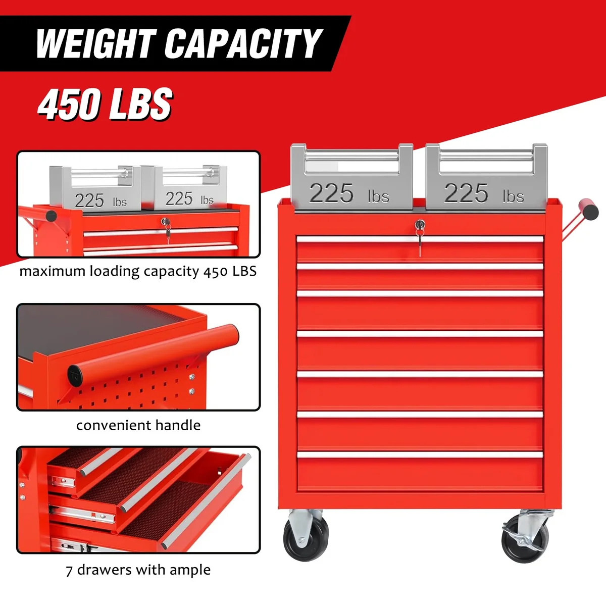 Seizeen Rolling Tool Chest on Wheels, Metal Tool Cart Toolbox Storage Cabinet Organizer W/ 7 Drawers, Red 7242