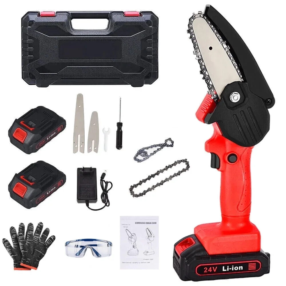 G · PEH Electric Mini Chainsaw，6" & 4'' 24V Handheld Cordless Wood Cutter w/ 2 Battery 2 Chain 9090