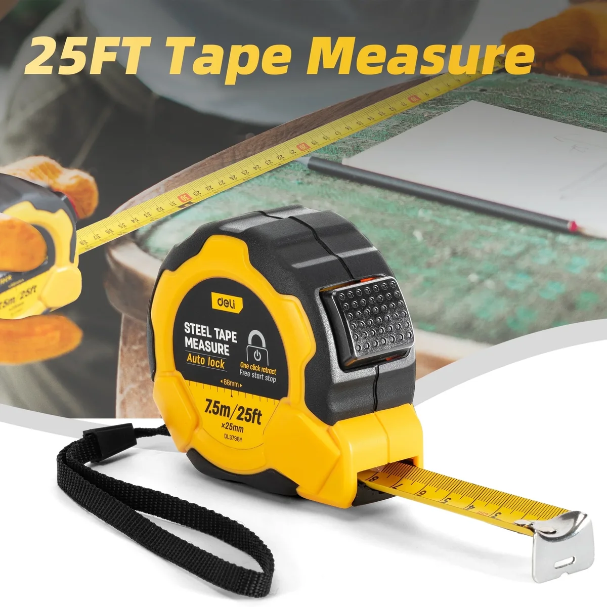 Deli 25FT Auto-Lock Steel Tape Measure,Heavy-duty Rubberized Retractable Measuring Tape with Self-Locking, Easy Read Tape Measure, Rubber Protect 4579