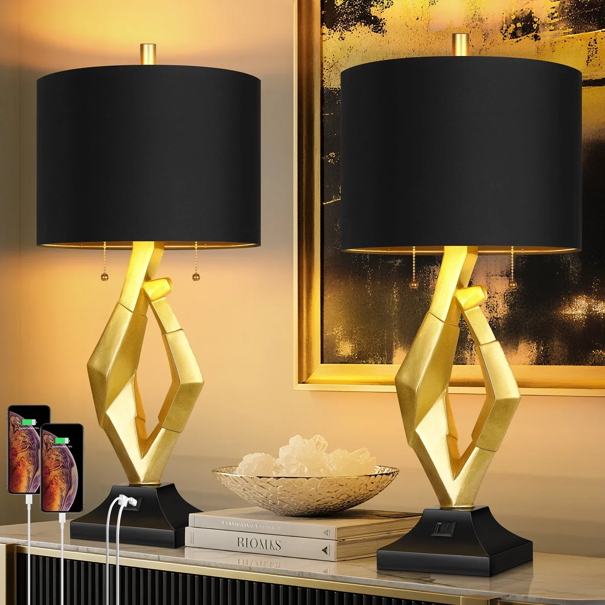 Everdaily Essentials 25.5in Gold Nightstand Resin Lamps with Black Shades, Contemporary Table Lamps for Bedside End Tables, 4 Bulbs Included (Gold) 7638