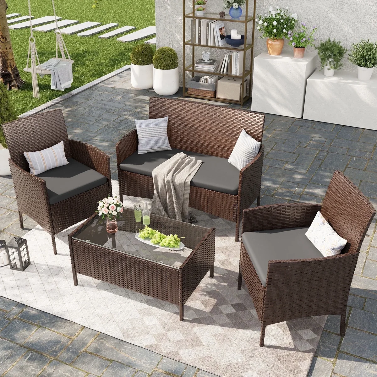 MRUAKA Patio Furniture Set 4 Pieces Porch Furniture Outdoor Modular Wicker Patio Sectional Conversation Furniture Set for Backyard,Porch,Garden,P 3477