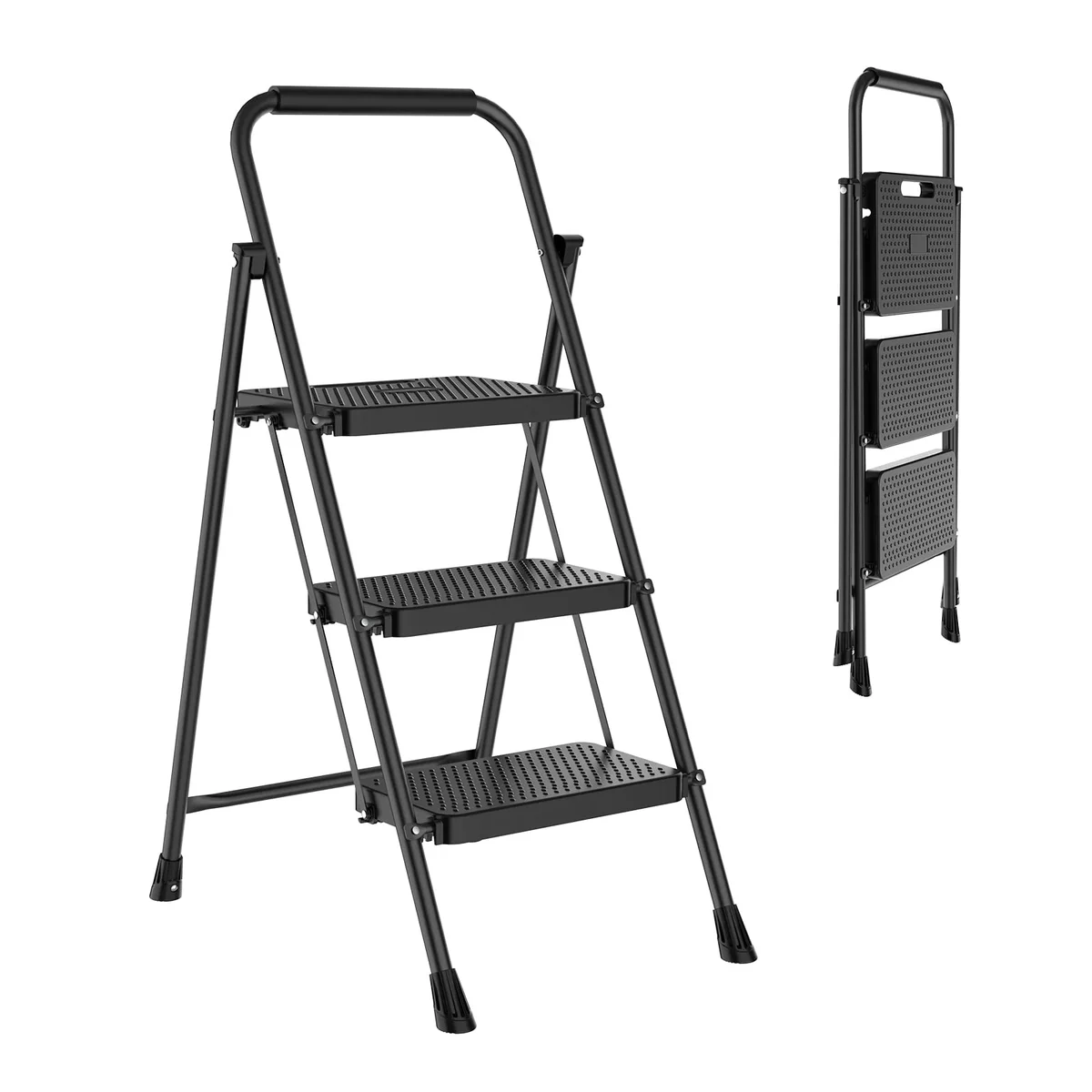 JIOABL 3 step ladder with Non-Slip Pedals and Comfortable Handrails - Portable Steel Ladder with 800 lbs Capacity - Ideal for Kitchen, Garage, an 5619