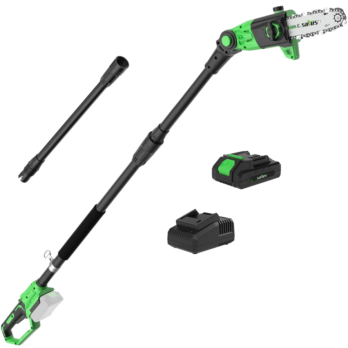 SOYUS Pole Saw 8-Inch Cordless, 15-Foot Max Reach Electric Pole Saw for Tree Trimming, 16ft/s Speed, Auto Oiling, Multi-Angle Pole Chainsaw with  1128