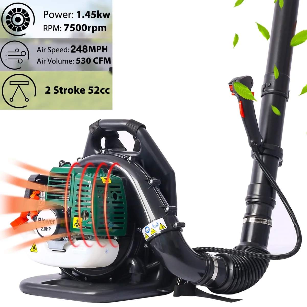 Seizeen Backpack Leaf Blower Gas Powered 52CC, Seizeen Cordless Leaf Blower 530CFM Powerful, with Adjustable Handle & Extended Tube for Yard, Green 7551
