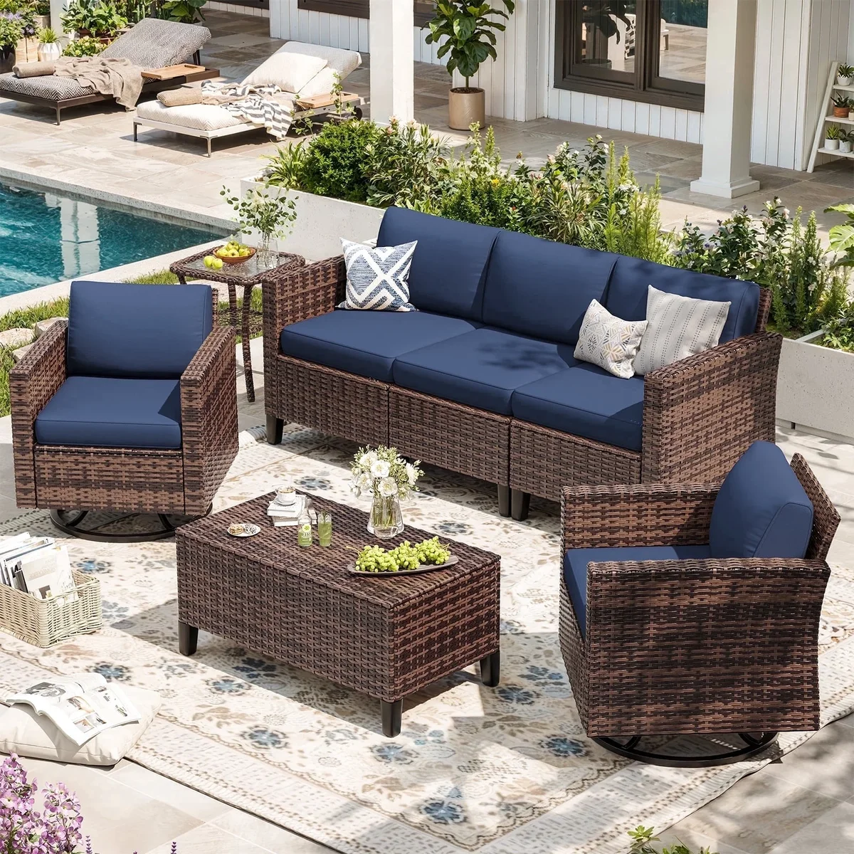 Ampatio 7 Pieces Patio Furniture Outdoor Conversation Set Rattan Wicker Outdoor Sectional Sofa with Swivel Chairs & Coffee Table, Navy Blue 8974