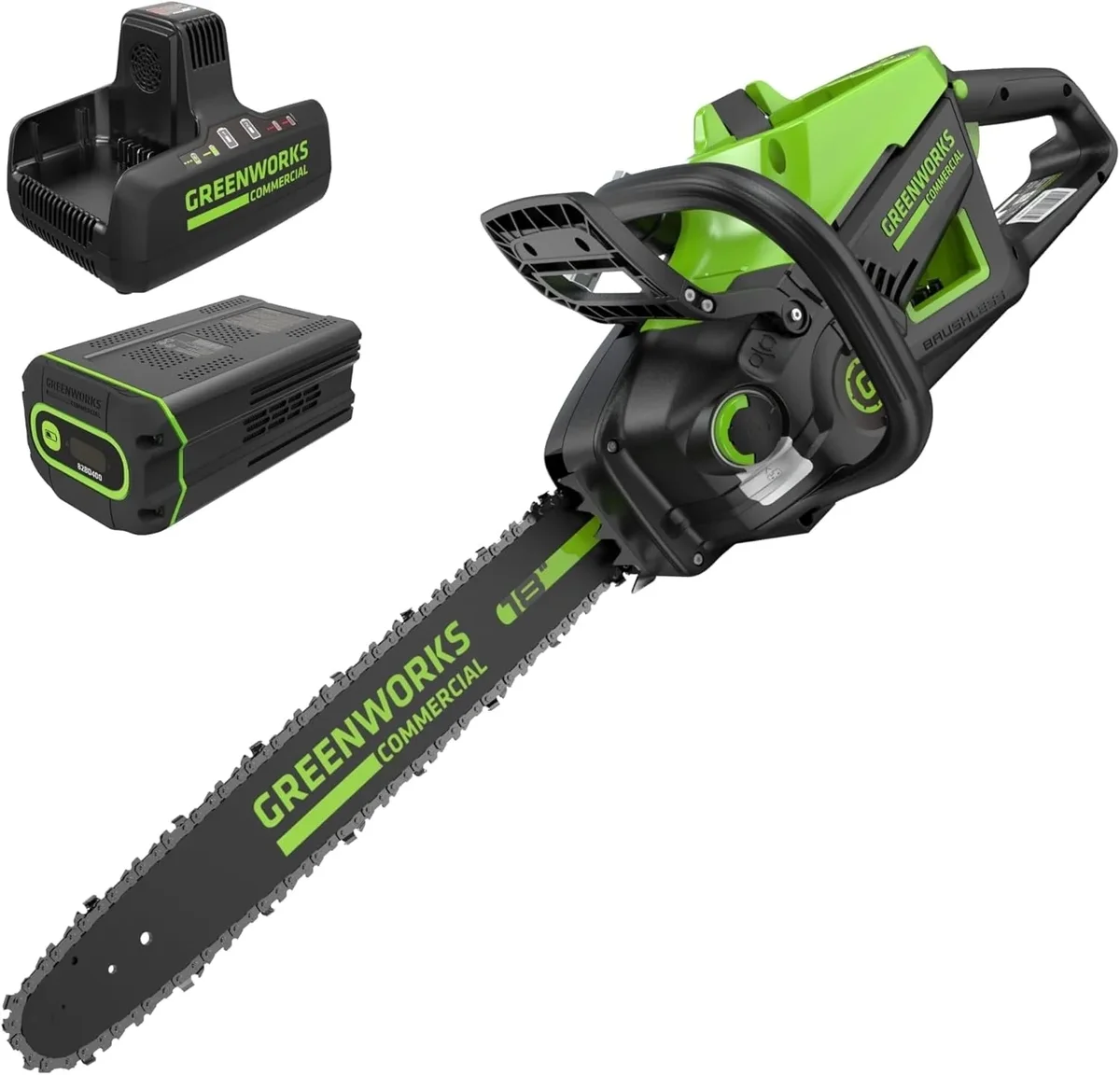 Greenworks 82V 18" (2.7kW Brushless) Prosumer Cordless Chainsaw, 4.0Ah Battery and 8A Dual Port Rapid Charger 4326