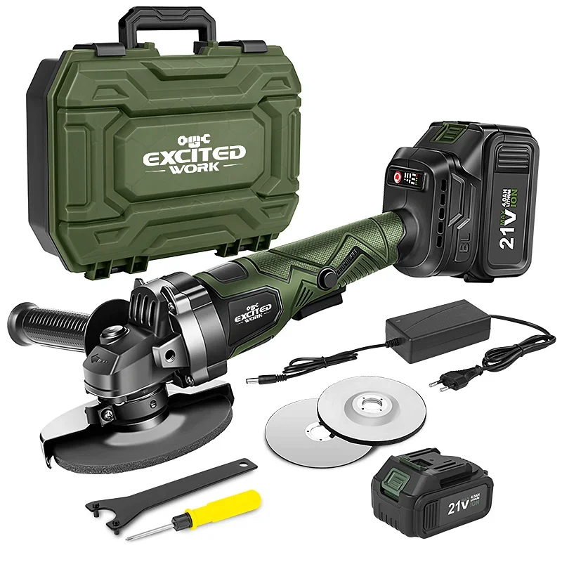 EXCITED WORK 21V 5 inch Cordless Angle Grinder, 7500rpm Brushless Electric Metal Cutting Machine with Two 4.0A Batteries and Fast Charger, 4-1/2  0625