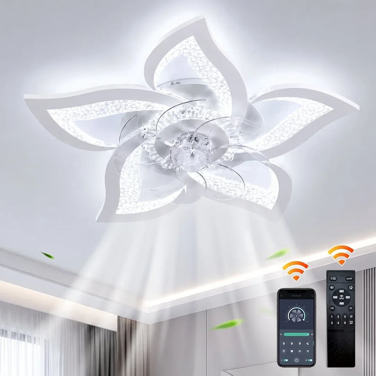 Garwarm 24.6" White Flower Ceiling Fan with Light, Low Profile Flush Mount Fandelier, Dimmable LED Ceiling Light with Remote, 6-Speed Reversible  3759