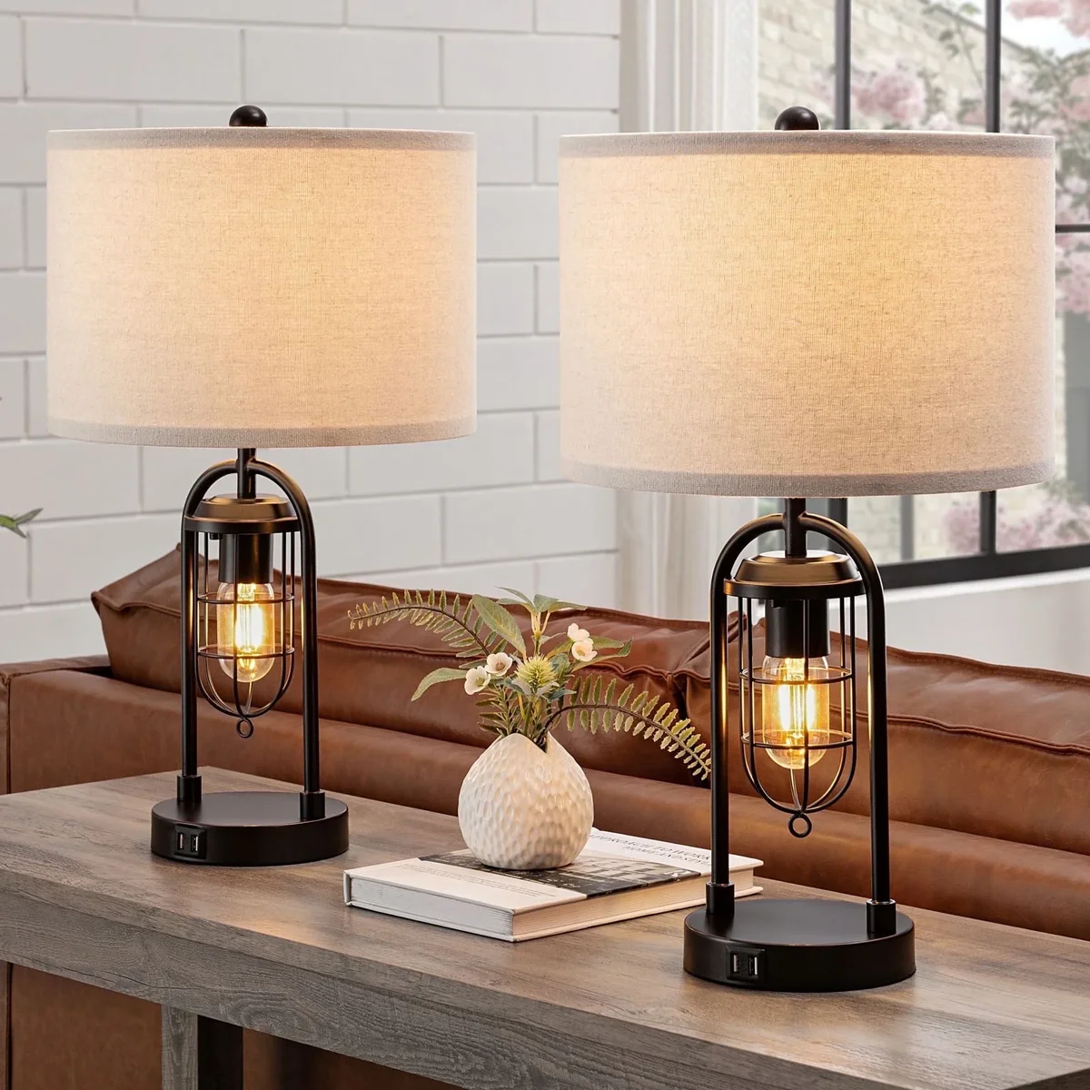 KYRID 21'' Table Lamps Set of 2 with USB Port and Night Light, Modern Farmhouse Bedside Table Lamp with White Drum Shade, Painted Bronze Finish ( 0425