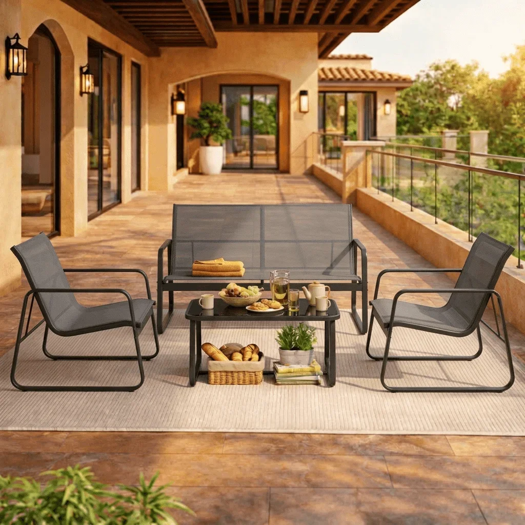 Aiho 4-Piece All-Weather Steel Patio Conversation Set - Thick Cushioned Outdoor Sofa with Tempered Glass Coffee Table, Waterproof Backyard/Porch/Balco 5198
