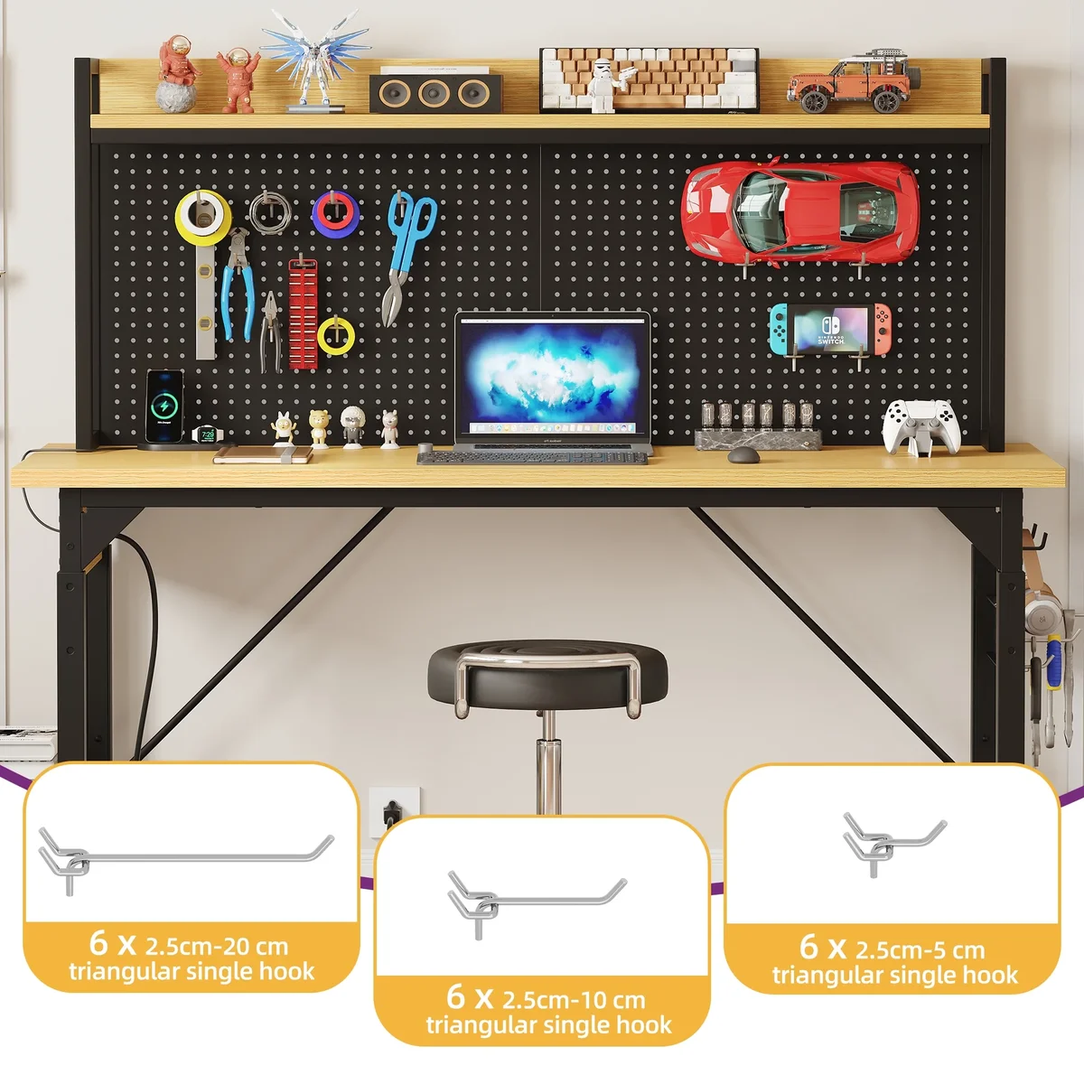 DWVO Tool Cart, Workbench Adjustable Height Work Bench For Garage Oak Plank & Carbon Steel Heavy Duty Workbench 2000lbs Weight Capacity Bench top 5740