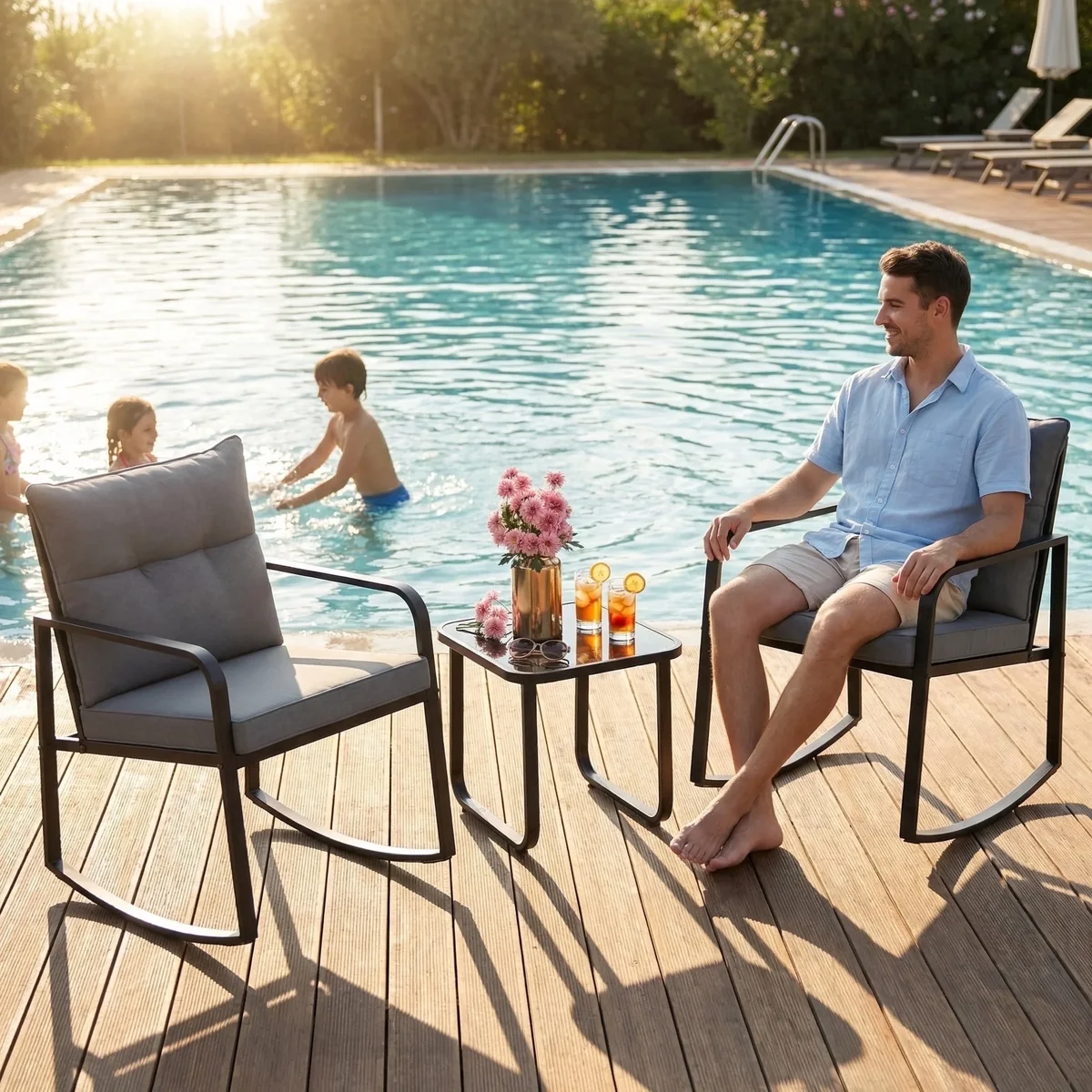 Everdaily Essentials 3-Piece Outdoor Rocking Patio Furniture Set, Weather-Resistant Iron Frame with Tempered Glass Table & Cushions for Garden Poolside 3230