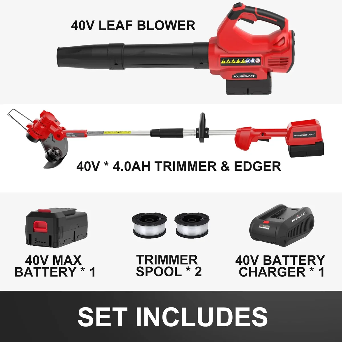 PowerSmart 40V 4.0Ah Lithium-Ion Cordless String Trimmer/Edger and Blower Combo Kit(2 Tools),7lb 1636