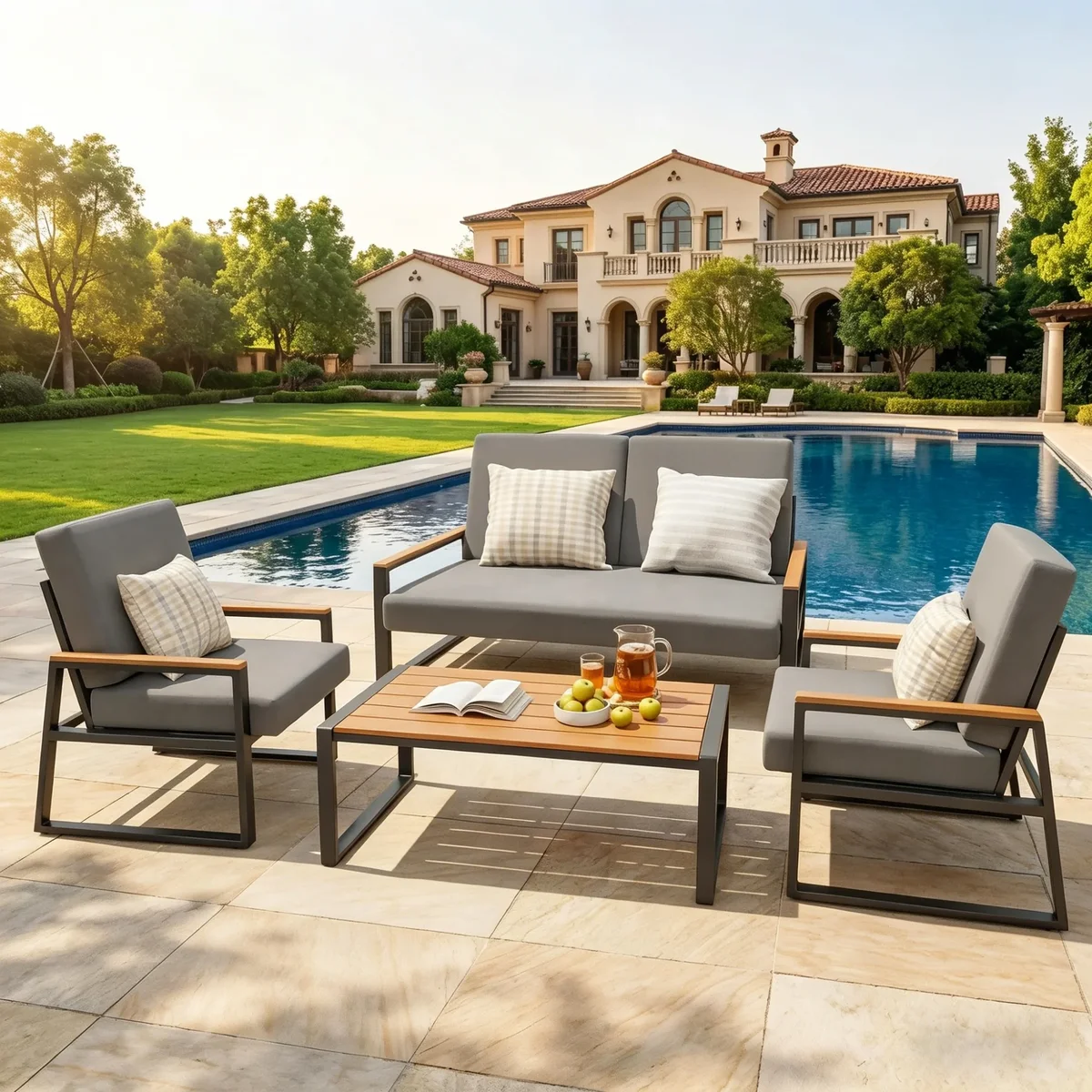 Lofka Outdoor Furniture Set, Lofka Patio Sectional Furniture Set with Rectangle Wooden Table and Heavy-Duty Metal Frame, Seating for 4, Gray Cushion 7345