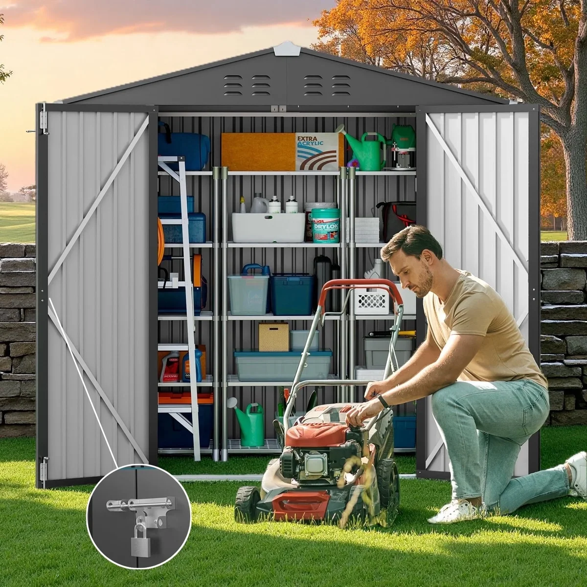 Everdaily Essentials 6 x 4 FT Galvanized Metal Outdoor Storage Shed with Double Lockable Doors and Air Vents for Patio, Garden, Backyard, Lawn, Dark Gray 3394