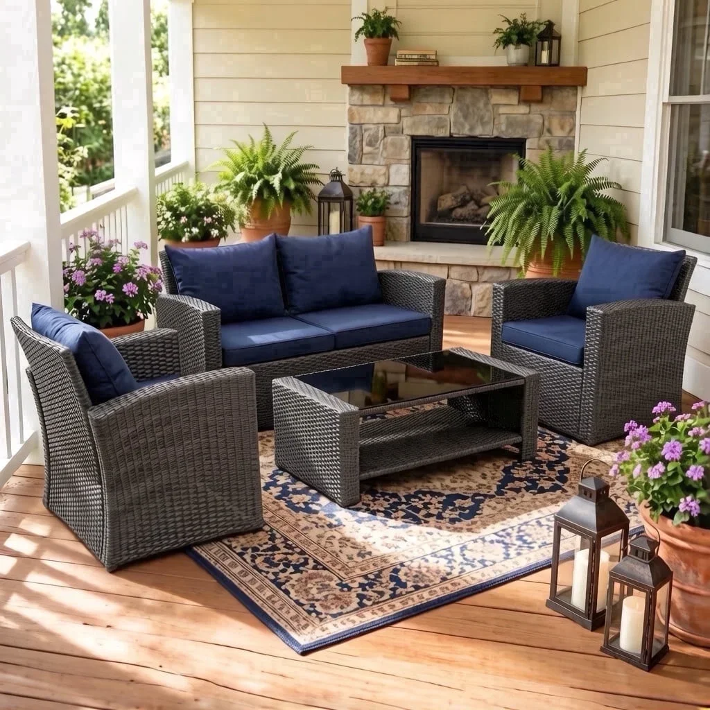 Gasee 4PCS Patio Rattan Conversation Furniture Set Outdoor Gray/Blue Cushion 2073