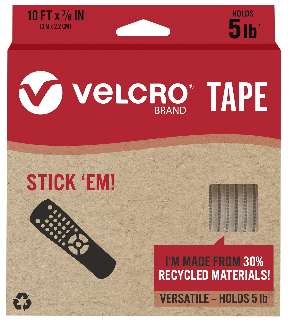 VELCRO Brand ECO Collection Stick'em Adhesive Tape 10ft x 7/8in, Cut Strips to Length, Sustainable 30% Recycled Material, White 2694