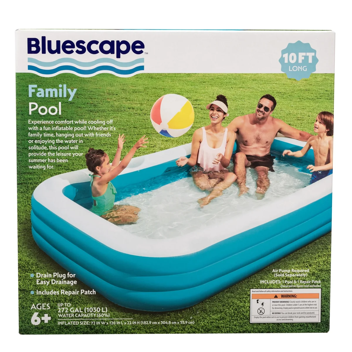 Bluescape 10ft Rectangular Family Inflatable Swimming Pool for Ages 6 and Up 3256