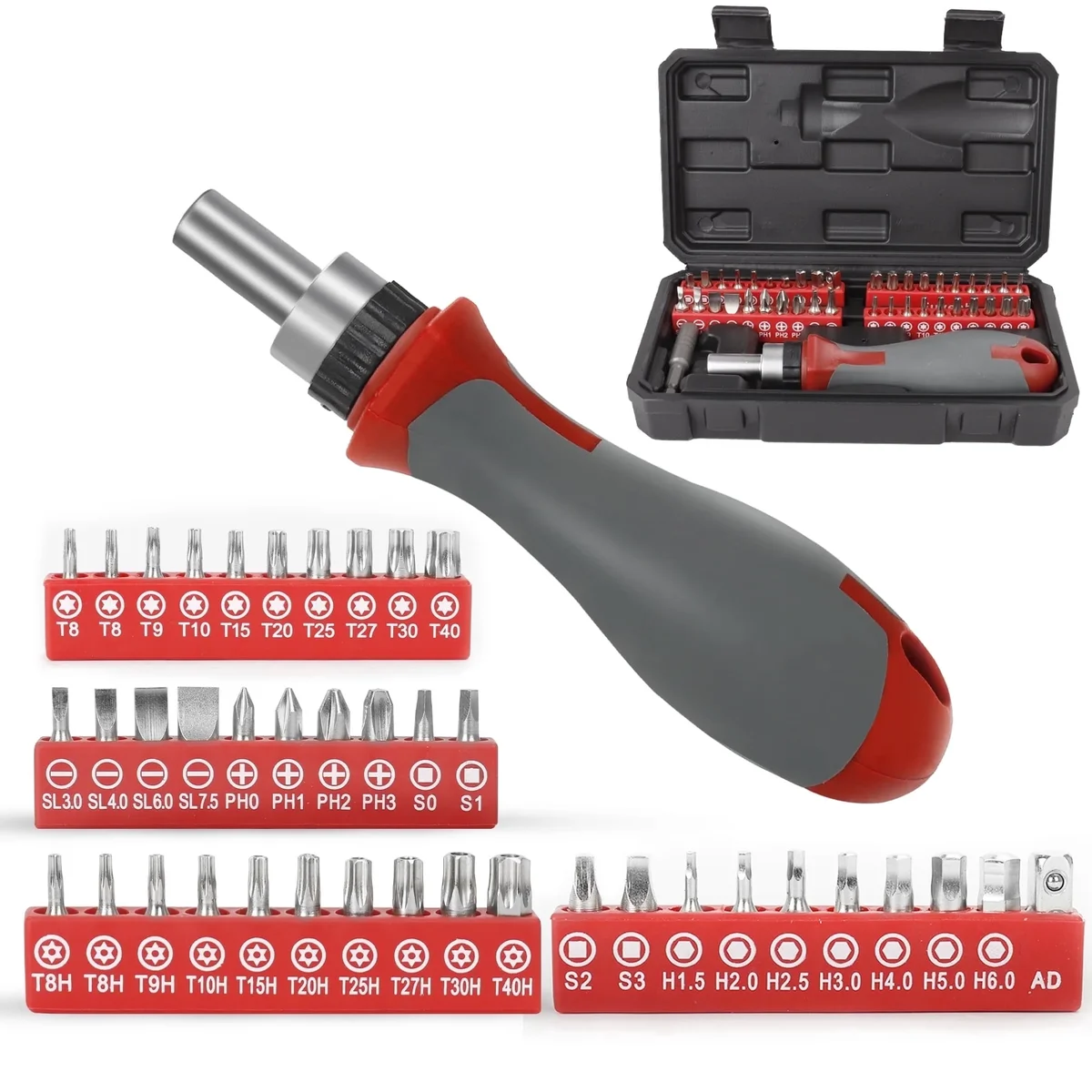 Fuyeah Ratcheting Multi-Bit Screwdriver Set, 40 Bits, 60mm Extension Bar, 1/4’’ Magnetic Driver Handle, 40 Bits- Torx, Slotted, Phillips, Squ 4115