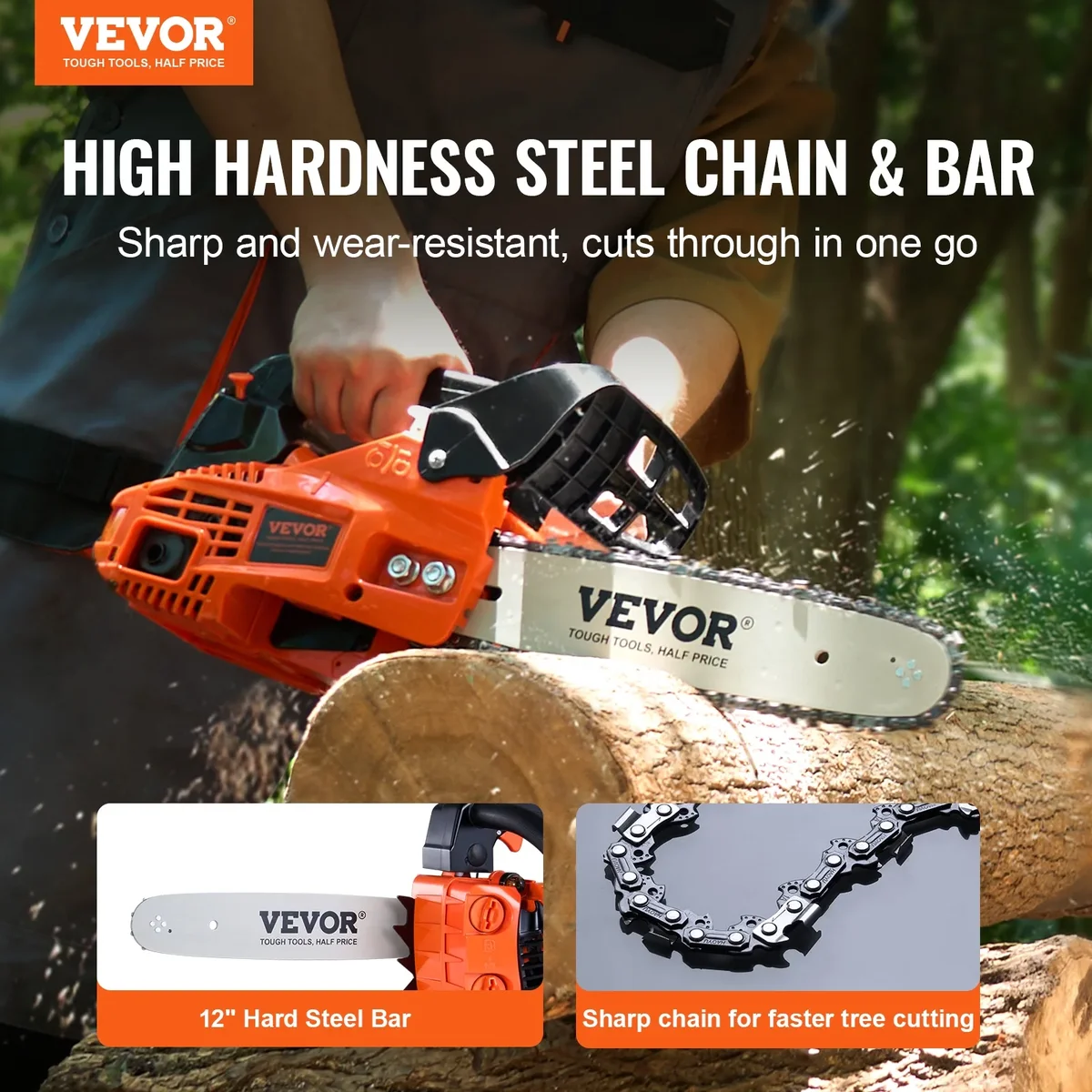 VEVOR Gas Chainsaw, 25.4CC 12" 1.2HP, Gasoline Powered Chain Saw, Handheld Cordless Petrol Chainsaws for Tree Wood Branch Cutting, Tree Trimming, 6703